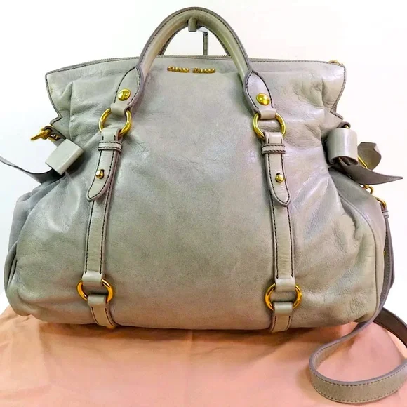 SOLD!!  MIU MIU Bow Bag Grey Leather Large 2-Way Shoulder Bag Crossbody Authen - Picture 2 of 13